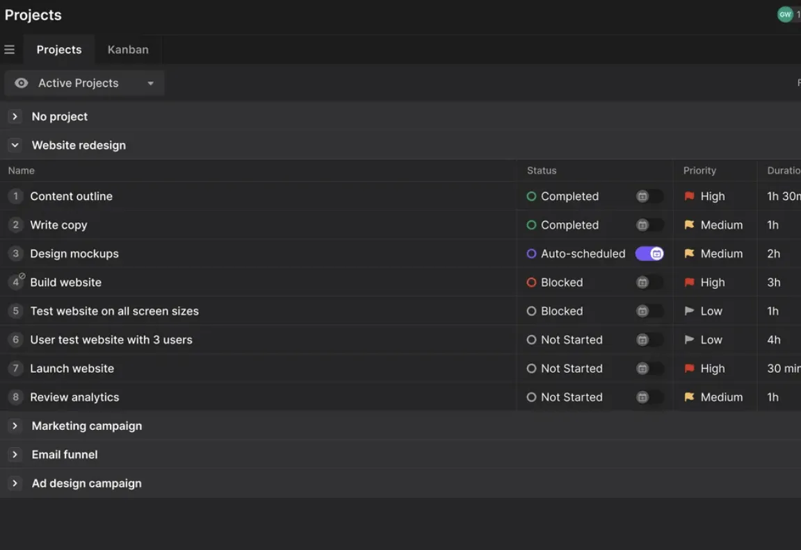 Řídicí panel Motion Projects