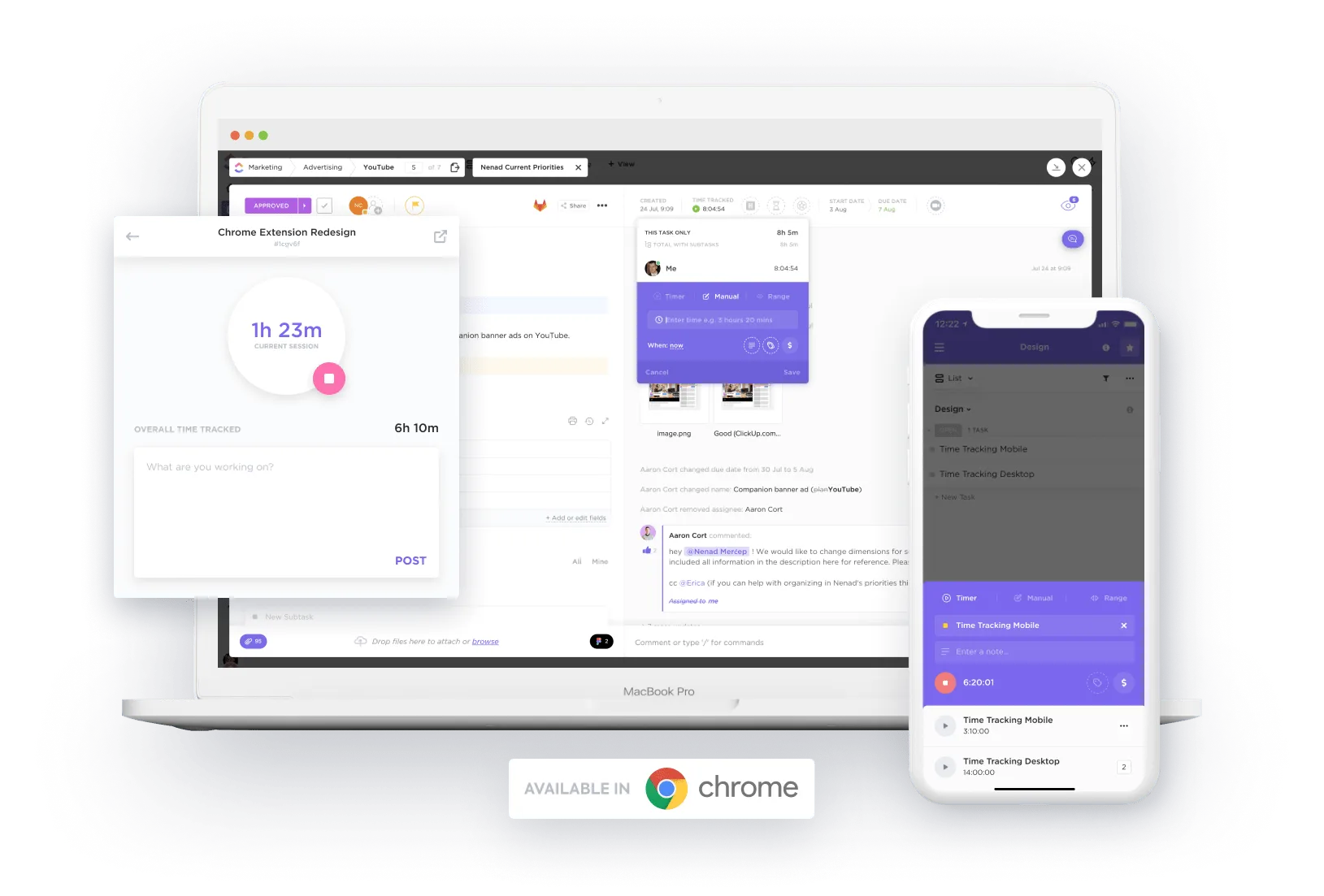 Registre las horas desde su escritorio, dispositivo móvil o la web con el control de tiempo de ClickUp.
