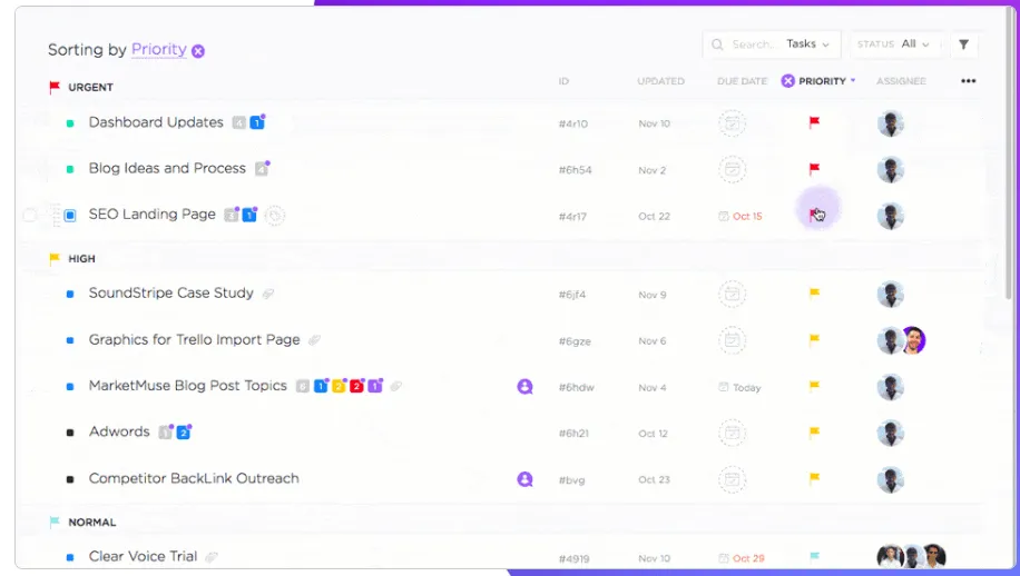 Priorités des tâches dans ClickUp