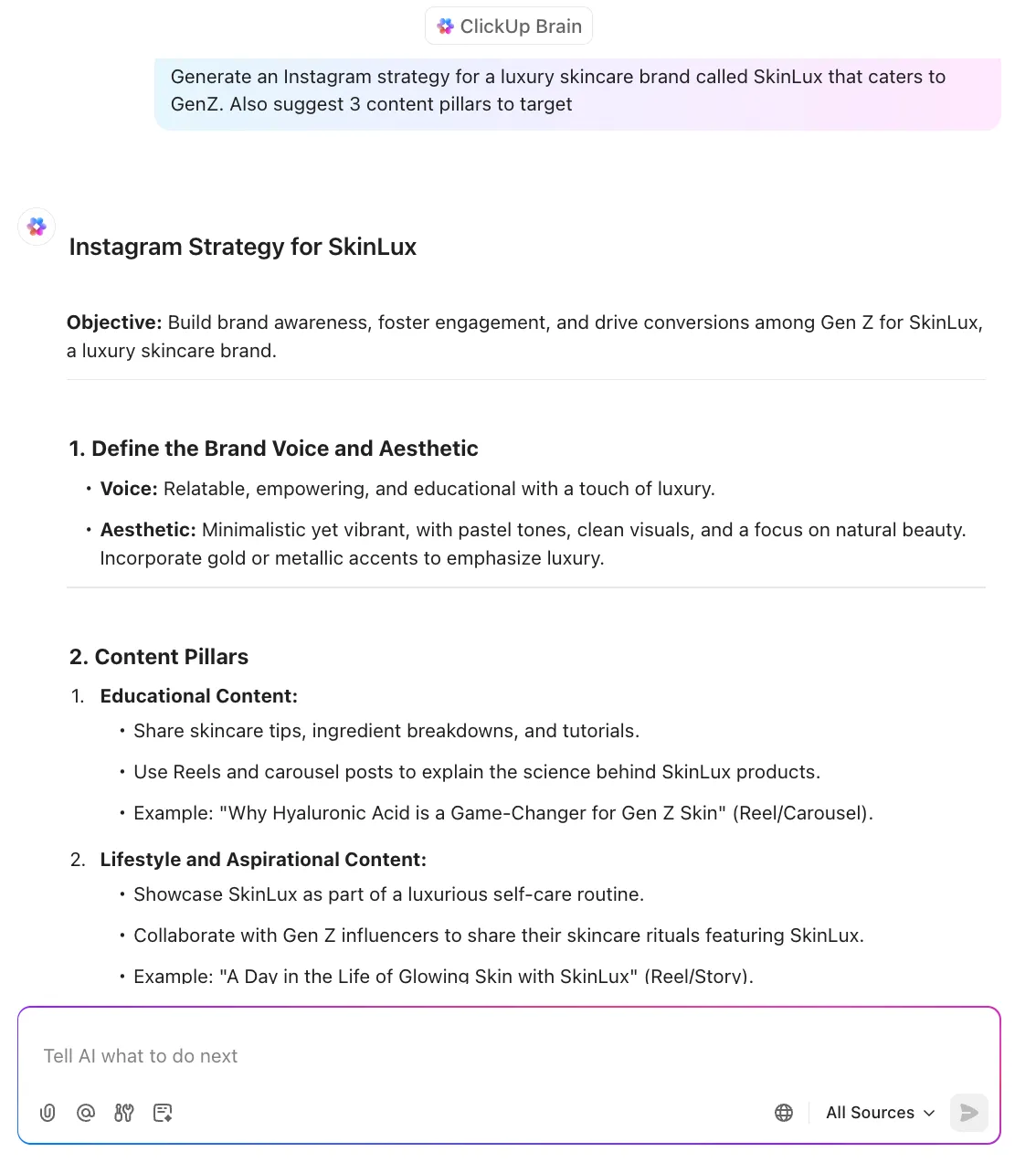 ClickUp Brain para generar estrategias de redes sociales e ideas de contenido.
