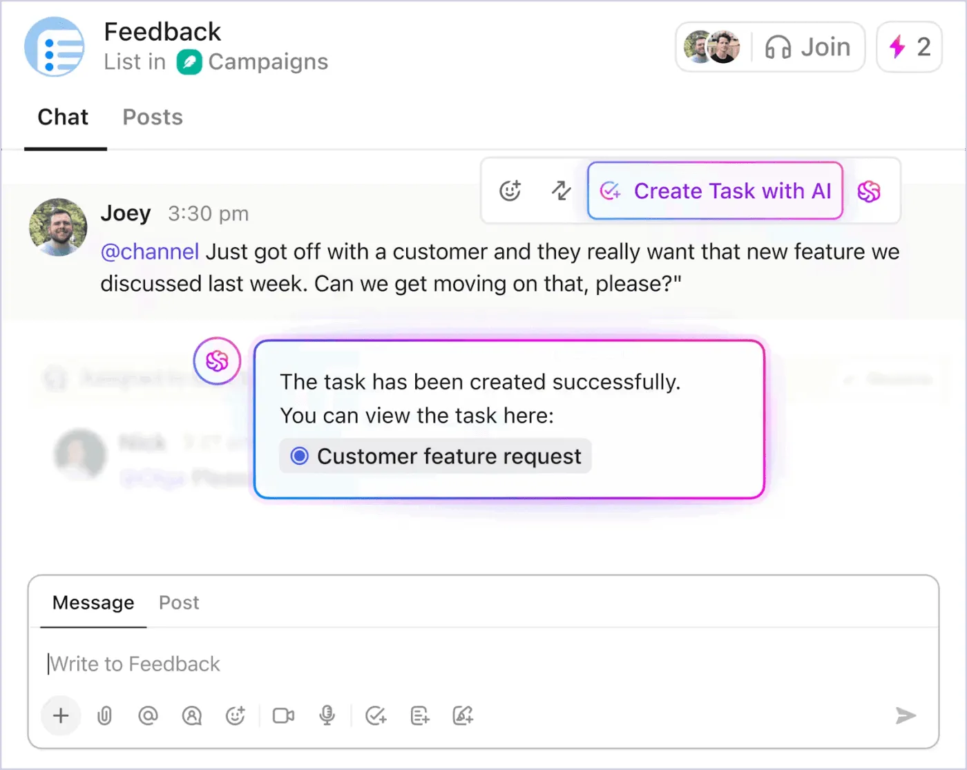Comunique-se com sua equipe e crie tarefas na janela de bate-papo com o ClickUp Chat