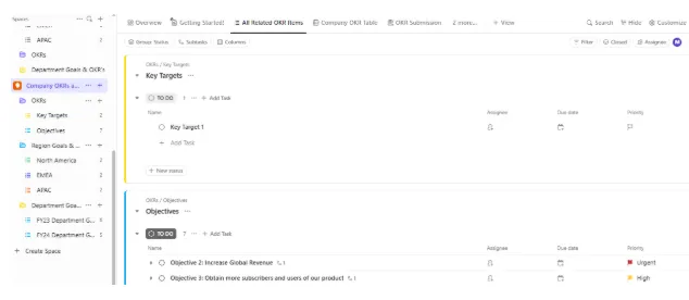 Modèle ClickUp pour les objectifs de l'entreprise et les OKR