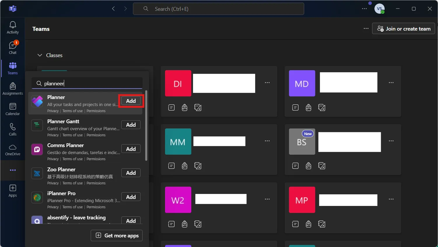 Ajoutez Planner à Microsoft Teams en cliquant sur le signe « Ajouter ».