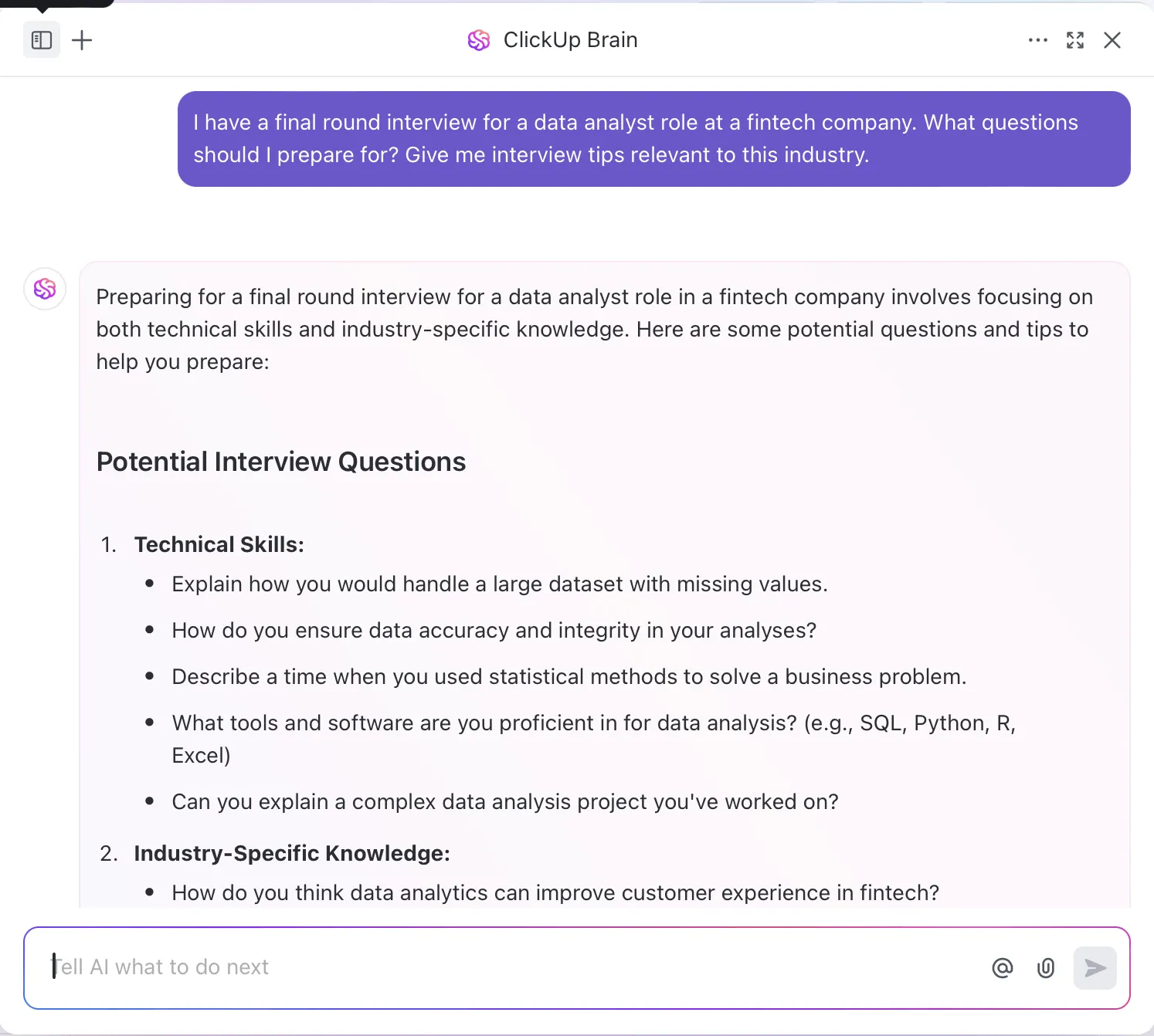 ใช้ ClickUp Brain เพื่อเตรียมตัวสำหรับคำถามสัมภาษณ์รอบสุดท้าย