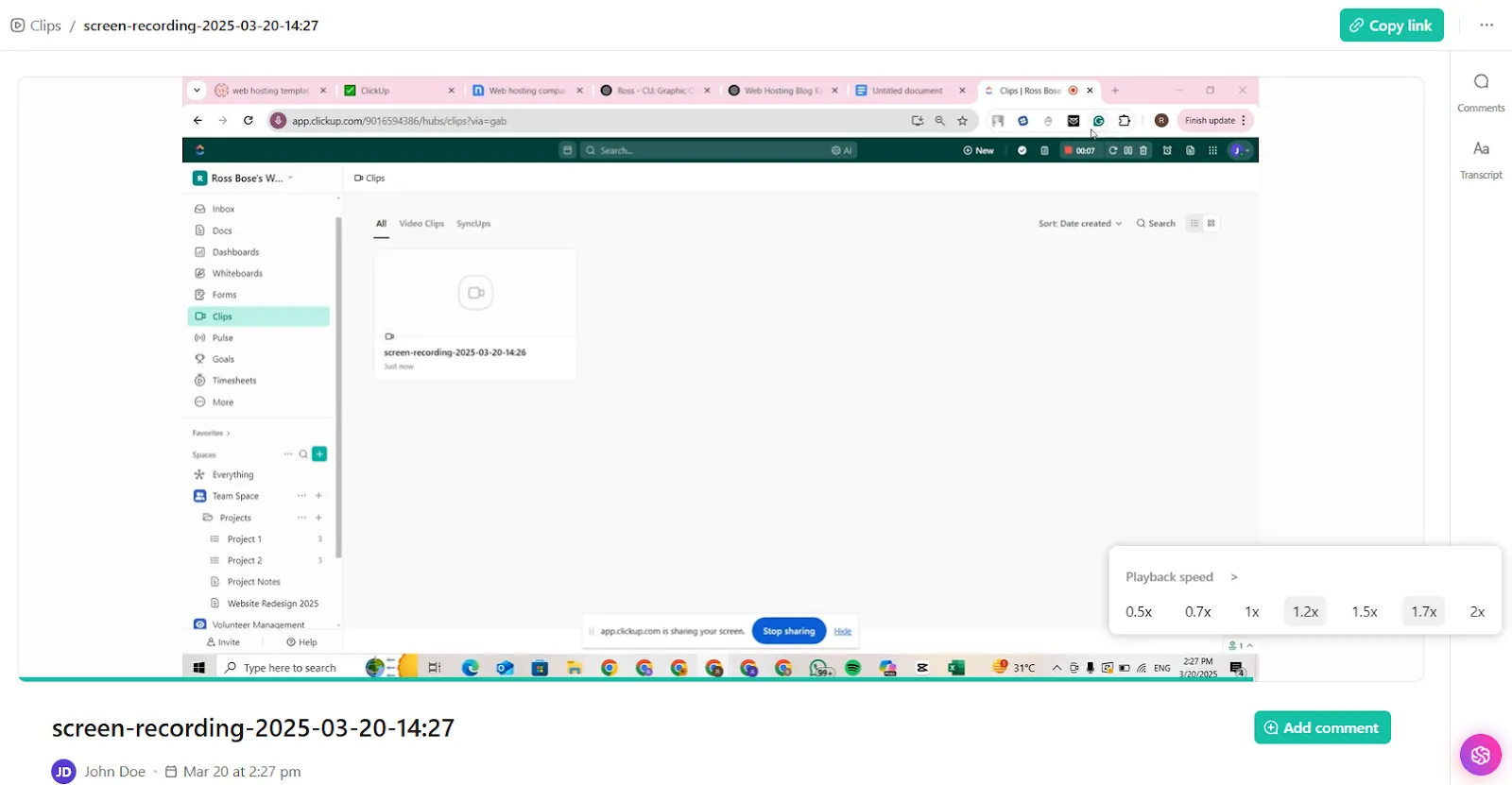 ClickUp Clips에서 재생 속도 조정 방법