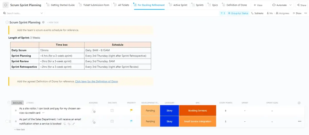 Modello di pianificazione dello sprint Scrum di ClickUp