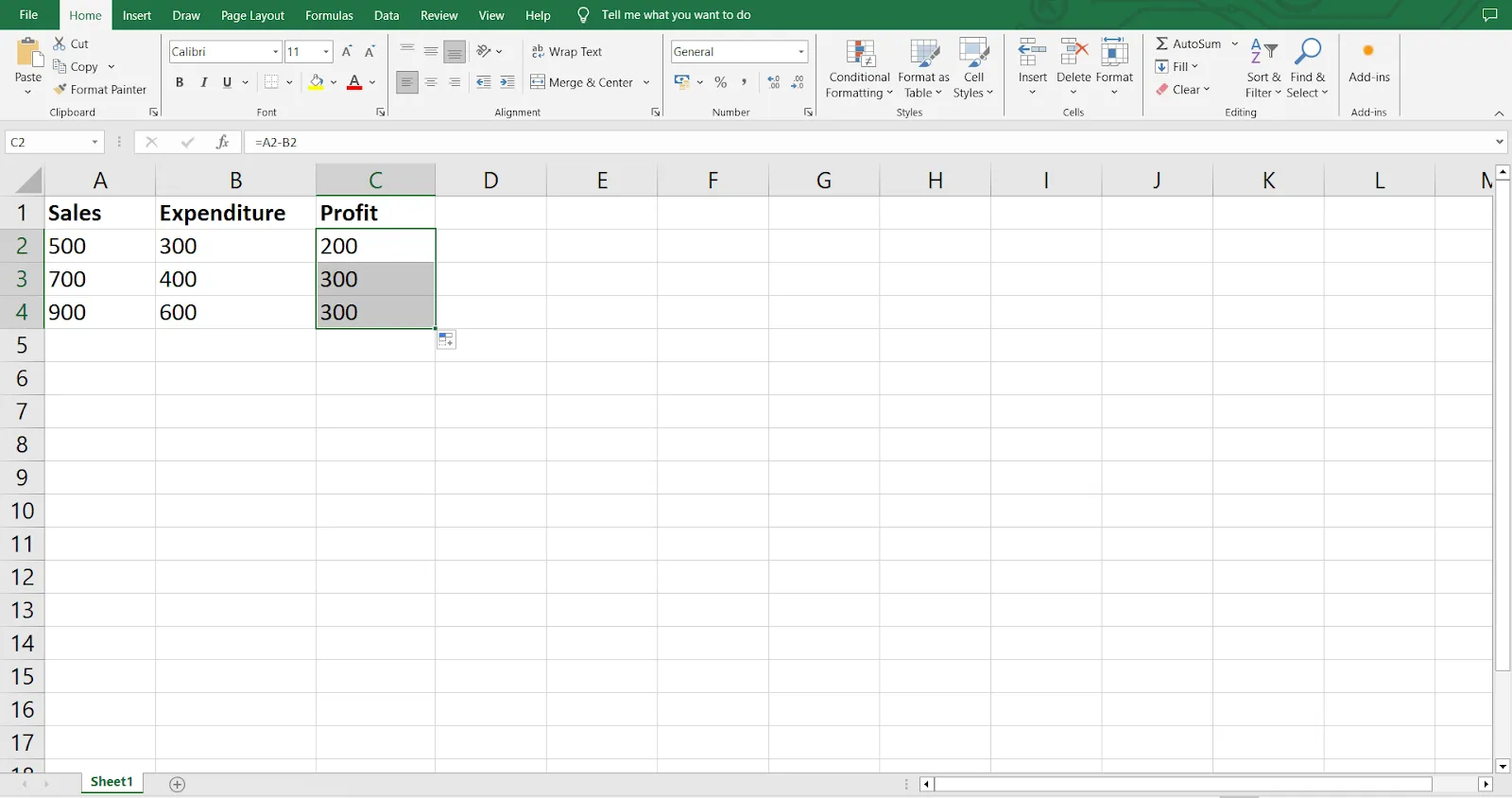 Todas as células selecionadas devem agora exibir o lucro para cada unidade de vendas respectiva.