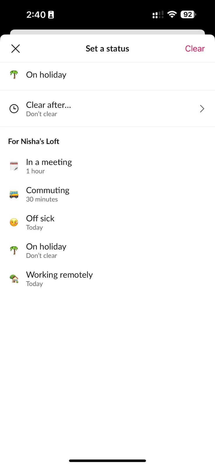 Statut sur les applications mobiles Slack