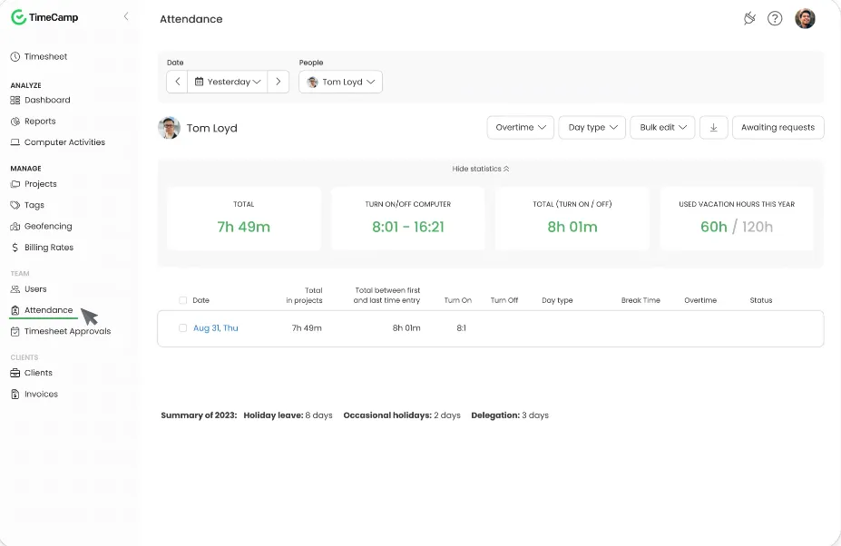 Toggl 대안: TimeCamp: 시간 추적과 청구서 발행 및 결제를 결합하기에 가장 적합한 도구