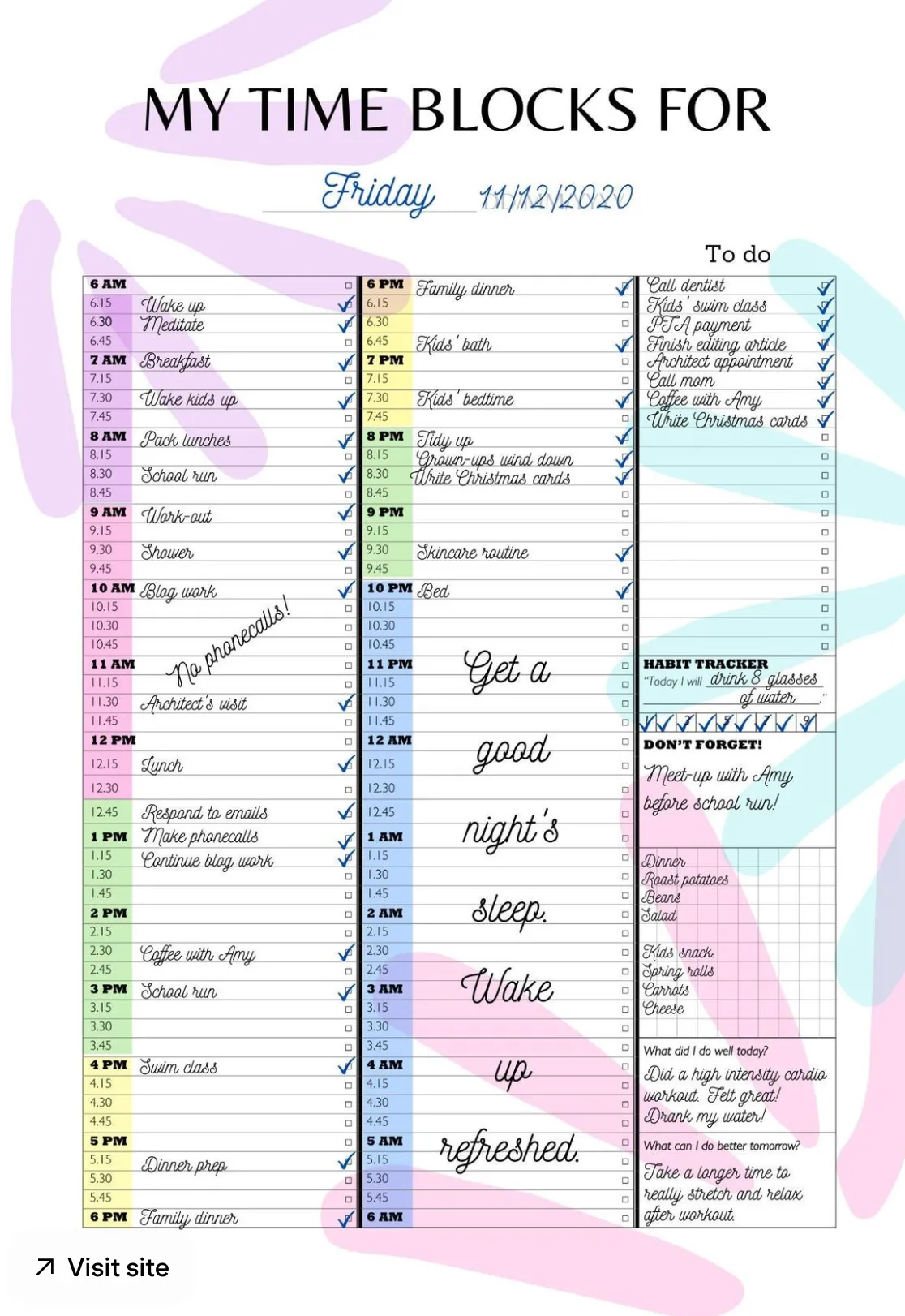 Un agenda intitulé « Mes plages horaires pour vendredi » illustre ces idées de listes de tâches esthétiques avec deux colonnes d'emploi du temps étroites, des plages horaires aux couleurs pastel, des entrées manuscrites et des coches, ainsi qu'une liste à faire distincte et un suivi des habitudes.