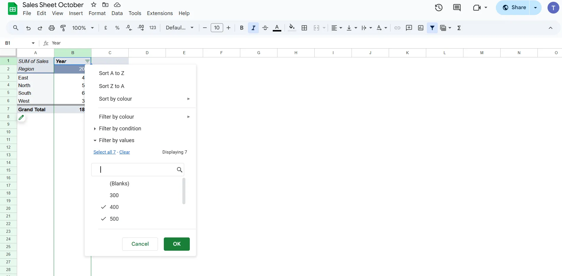Pivottabelle in Google Tabellen erstellen: Filter im Blatt anwenden