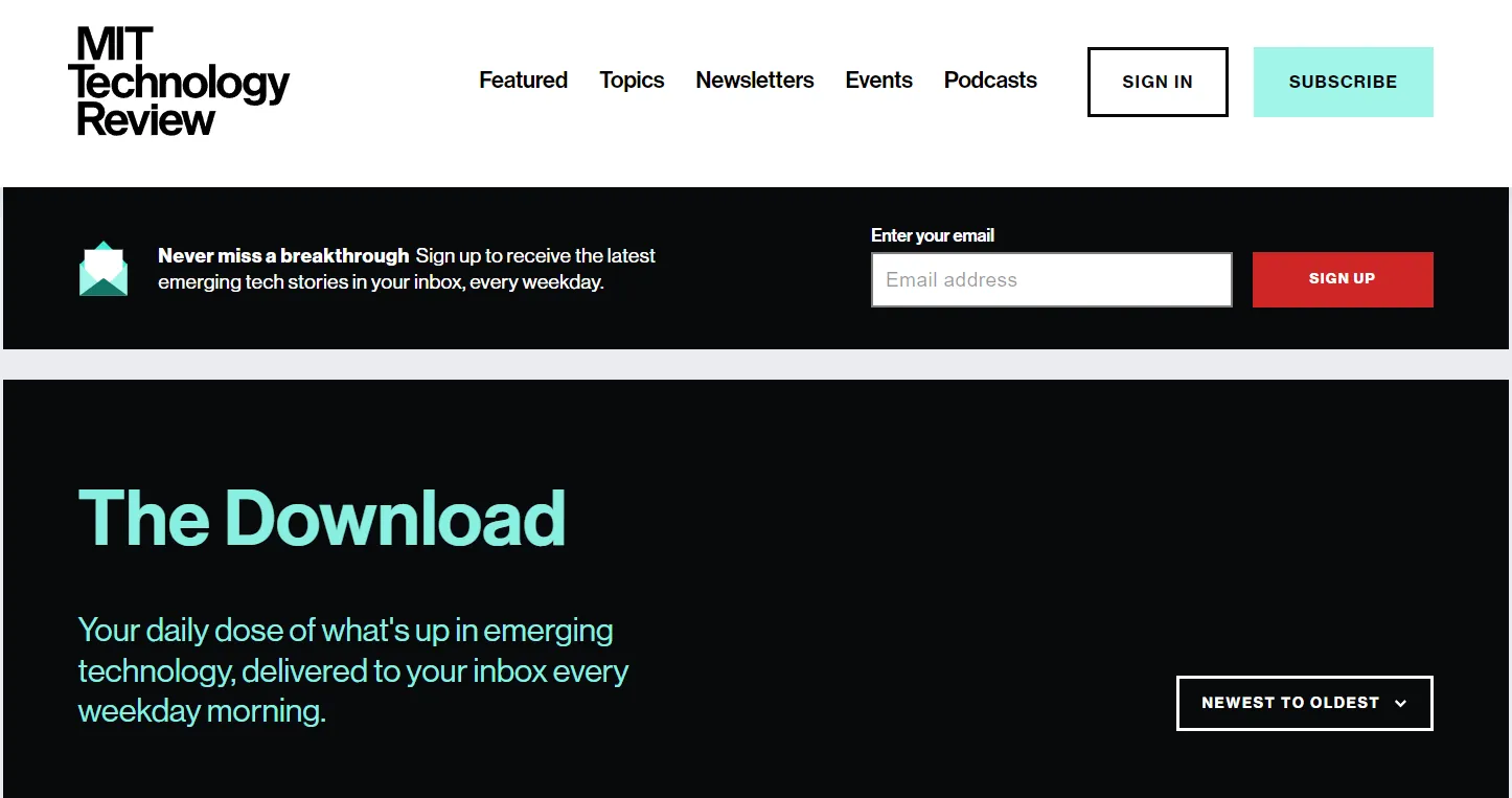 Ảnh chụp màn hình trang chủ của bản tin The Download của MIT Technology Review