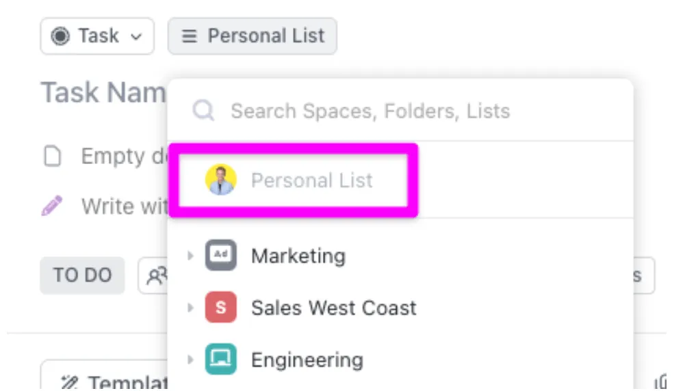 Persönliche Liste in ClickUp