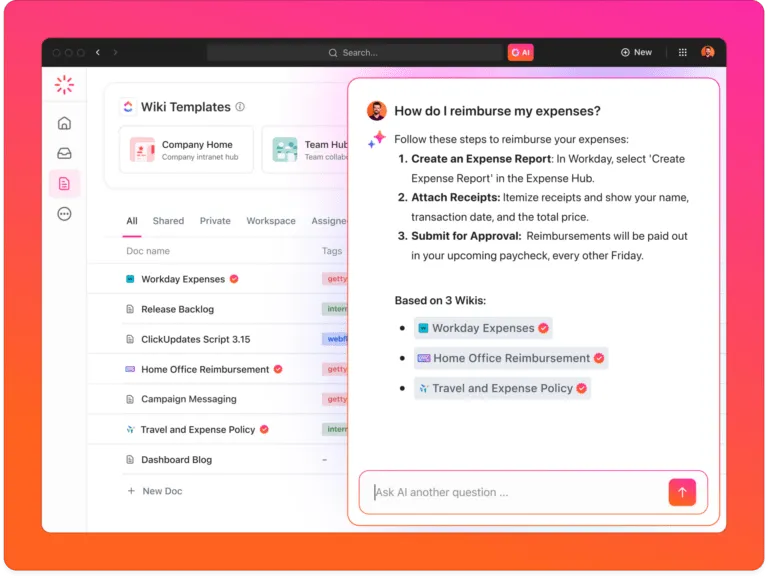 ClickUp Brain : une base de connaissances alimentée par l'IA