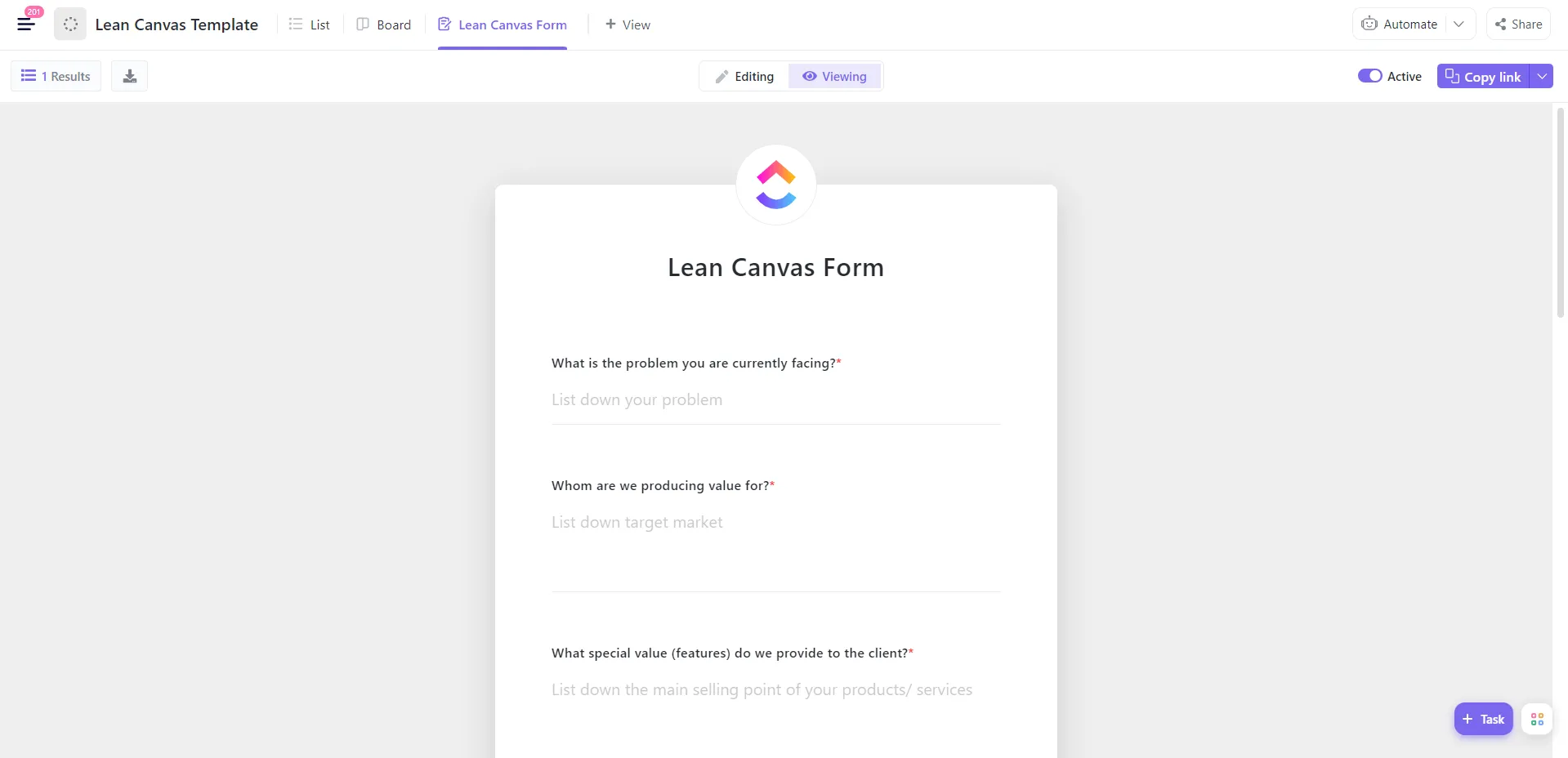 Mẫu Lean Canvas của ClickUp