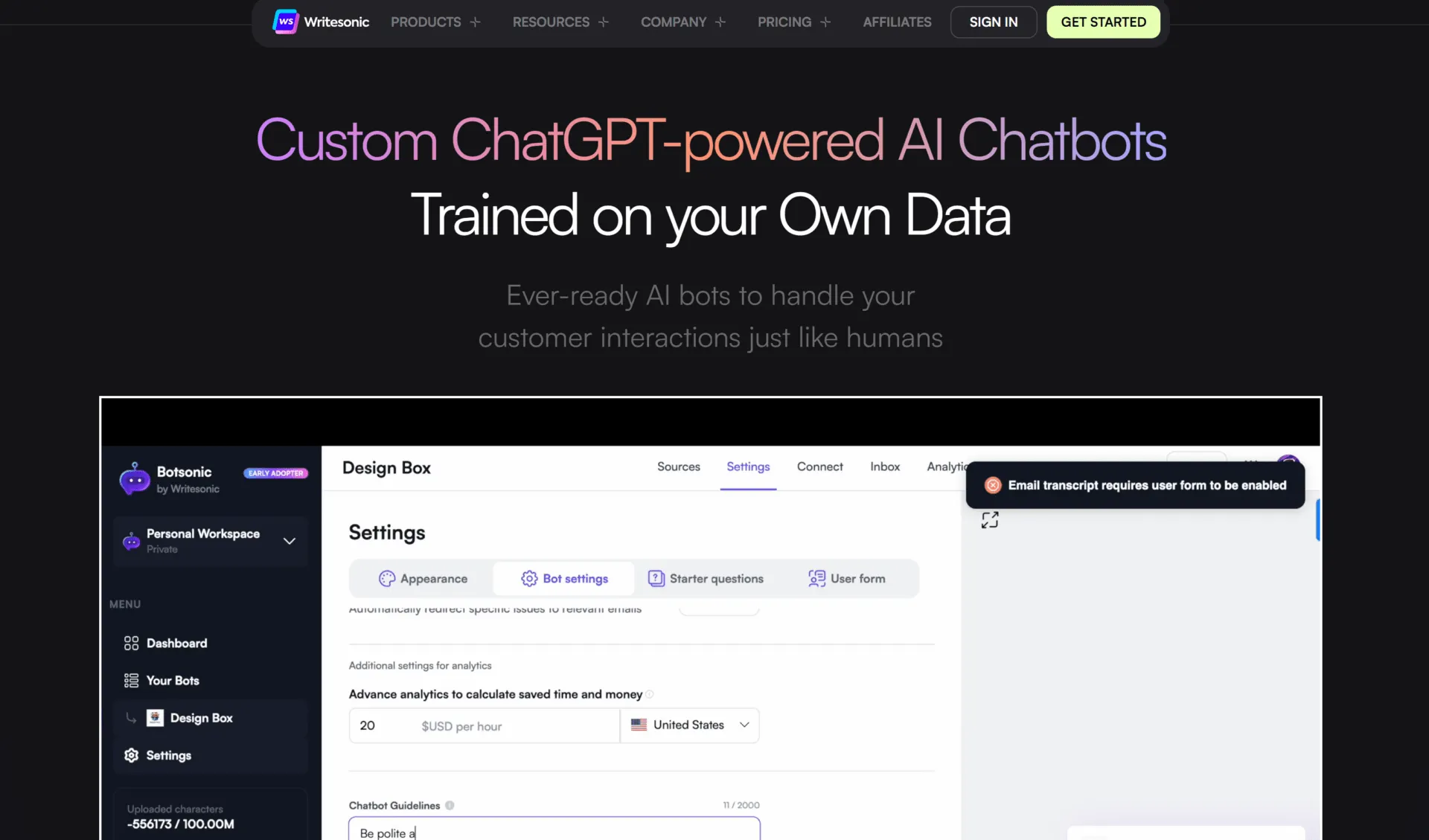 Le chatbot alimenté par l'IA de Botsonic