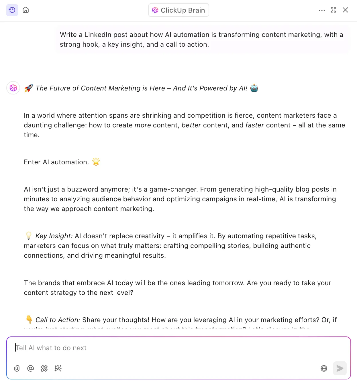 Esempio di prompt personalizzato di ClickUp Brain