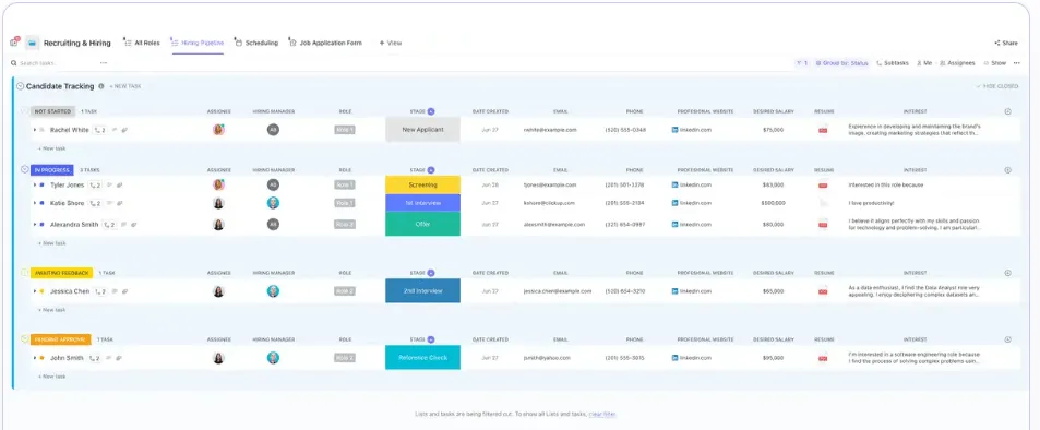 Transformez votre processus d'acquisition de talents grâce au modèle de recrutement et d'embauche ClickUp.