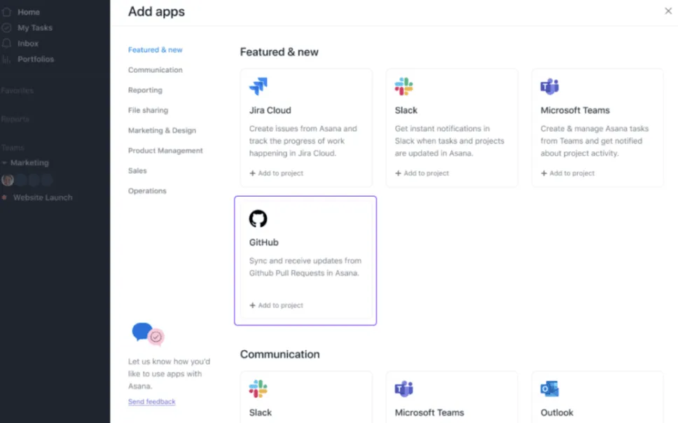 Diretório de aplicativos no Asana
