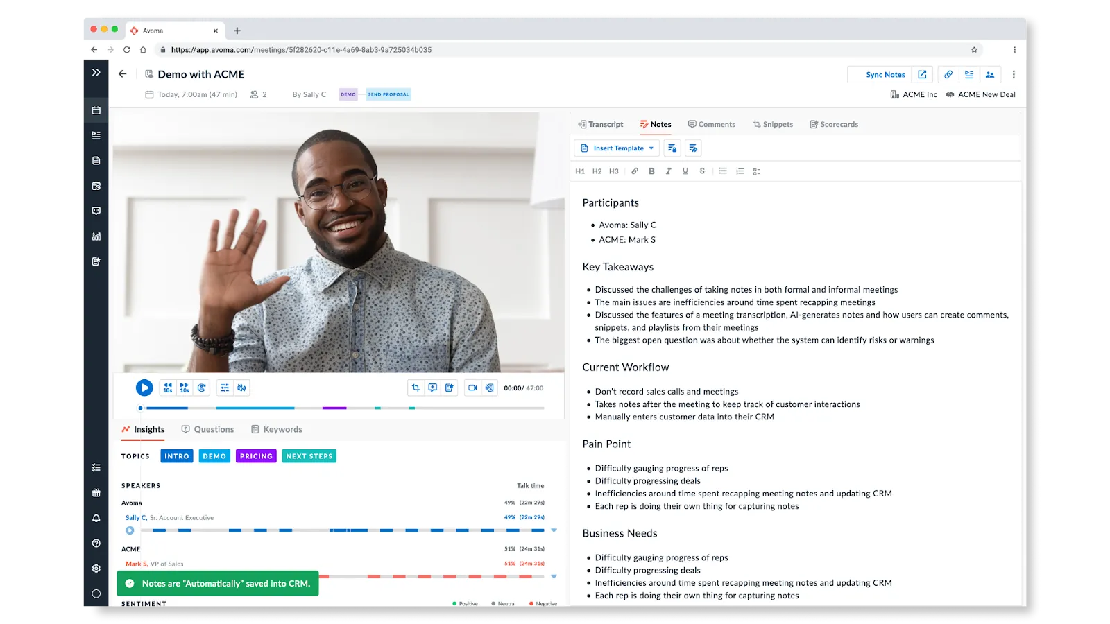 Alternative a tl dv note taker: Avoma: ideale per analizzare in modo efficace le conversazioni durante le riunioni