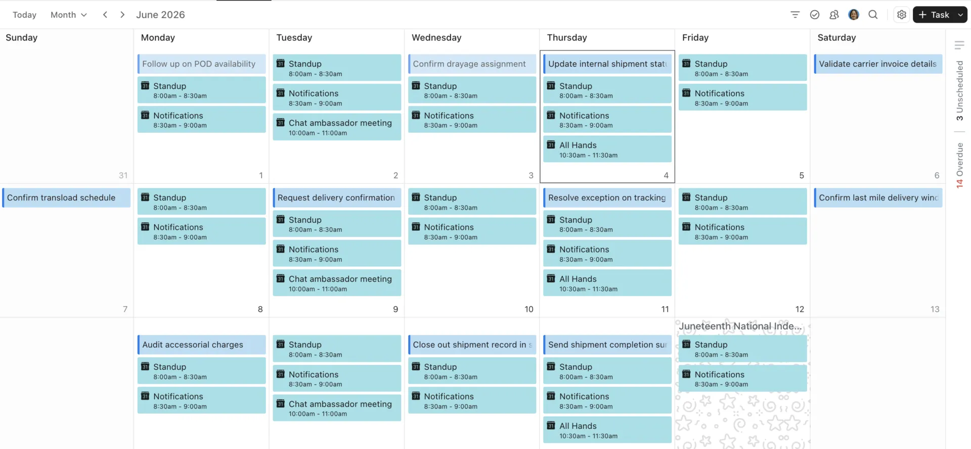 Programa las tareas de los proyectos junto a las reuniones con ClickUp Calendario y Planner