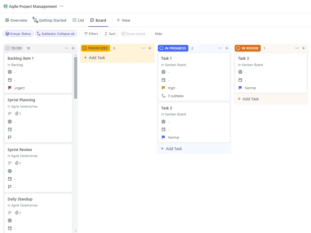 Asegúrate de que tus ideas pasen del concepto a la finalización sin contratiempos con la plantilla de gestión de proyectos ágil de ClickUp.