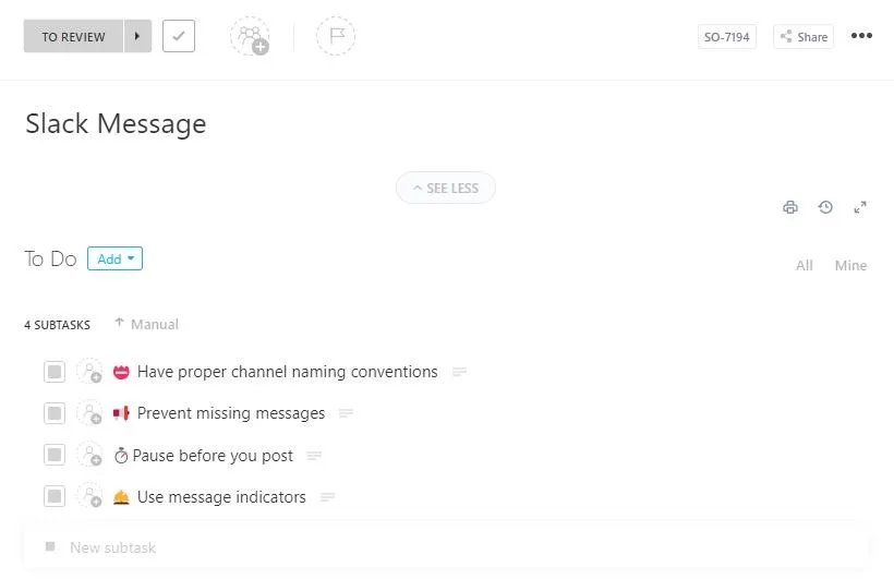 Modello di messaggio istantaneo ClickUp