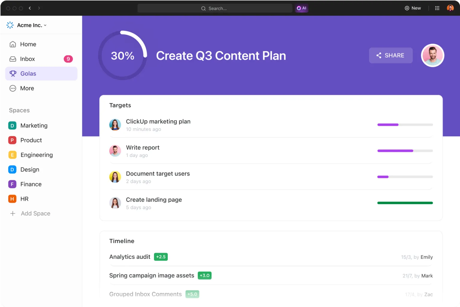 Stanovte si jasné cíle a měřitelné úkoly pro své projekty pomocí ClickUp Goals.