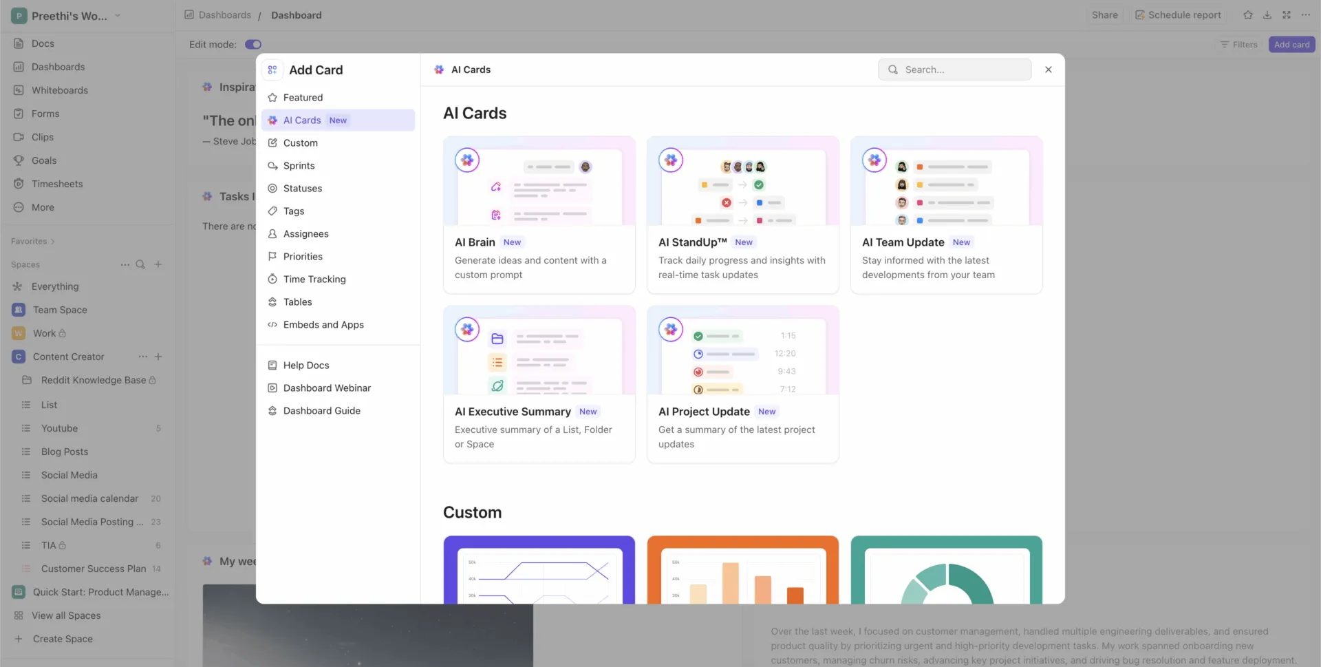 Schede IA del dashboard ClickUp