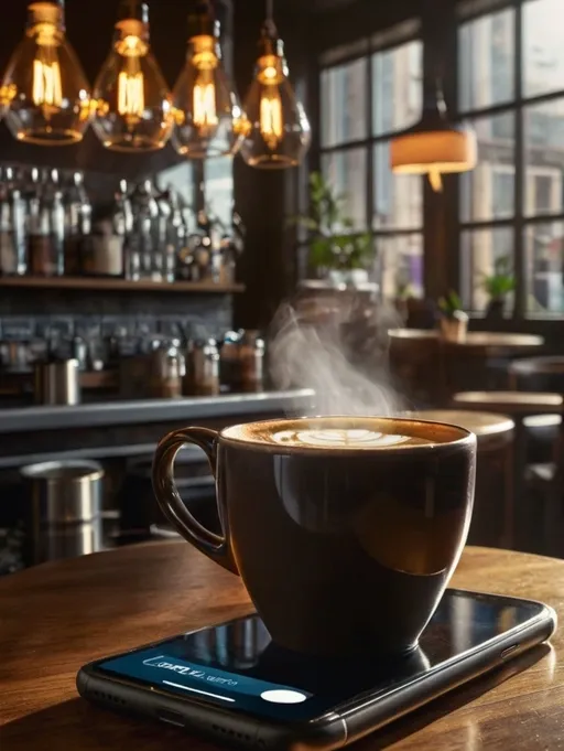 Xícara de café fumegante em um ambiente aconchegante de café