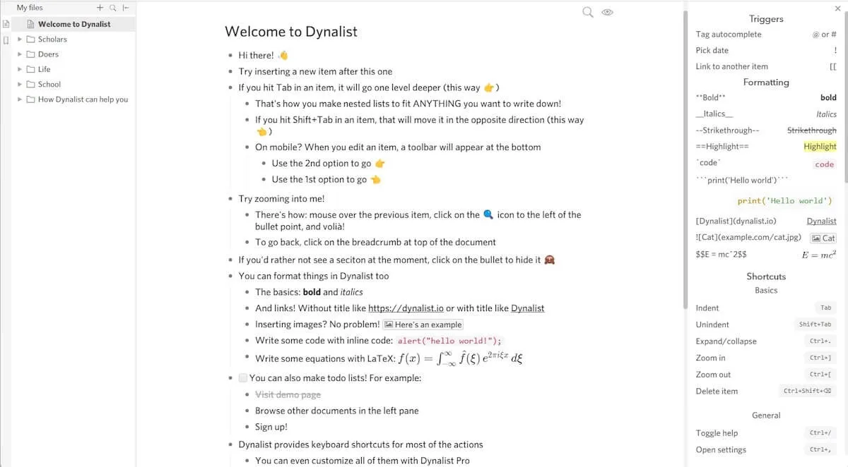 App per la creazione di schemi: Dynalist