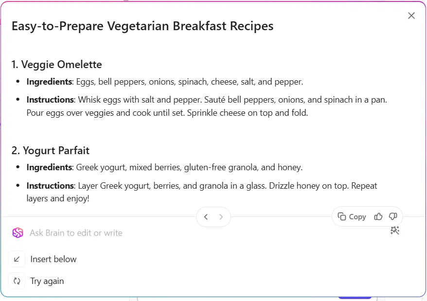 Crie receitas sem esforço com o ClickUp Brain.