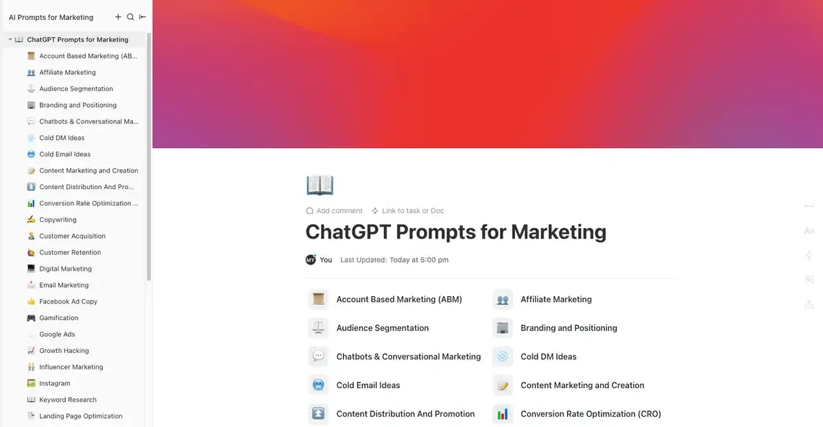 Use prompts do ChatGPT para suas campanhas de marketing com o modelo ChatGPT Prompts for Marketing da ClickUp.