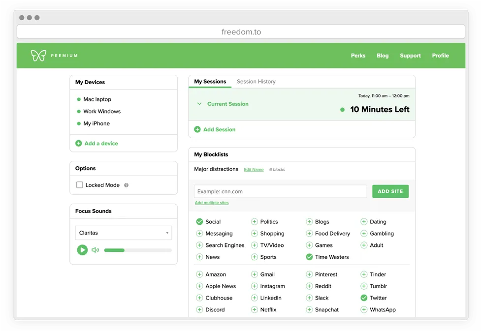 Blockieren Sie den Zugriff auf ablenkende Apps und Websites, während Sie sich mit der Freedom-App auf Ihre Arbeit konzentrieren möchten.