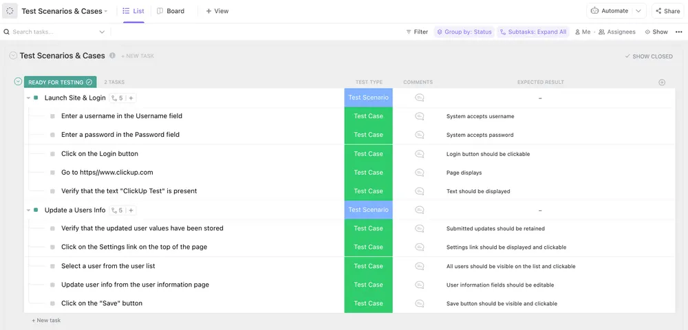 ClickUp-Vorlage für das Testmanagement