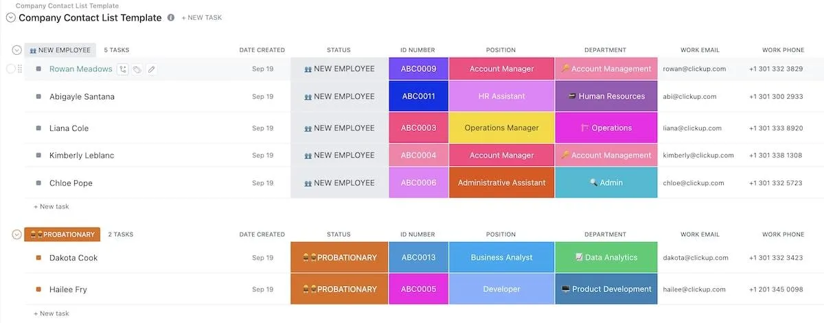 Organizza e accedi ai contatti dei dipendenti con il modello di elenco contatti dei dipendenti di ClickUp.