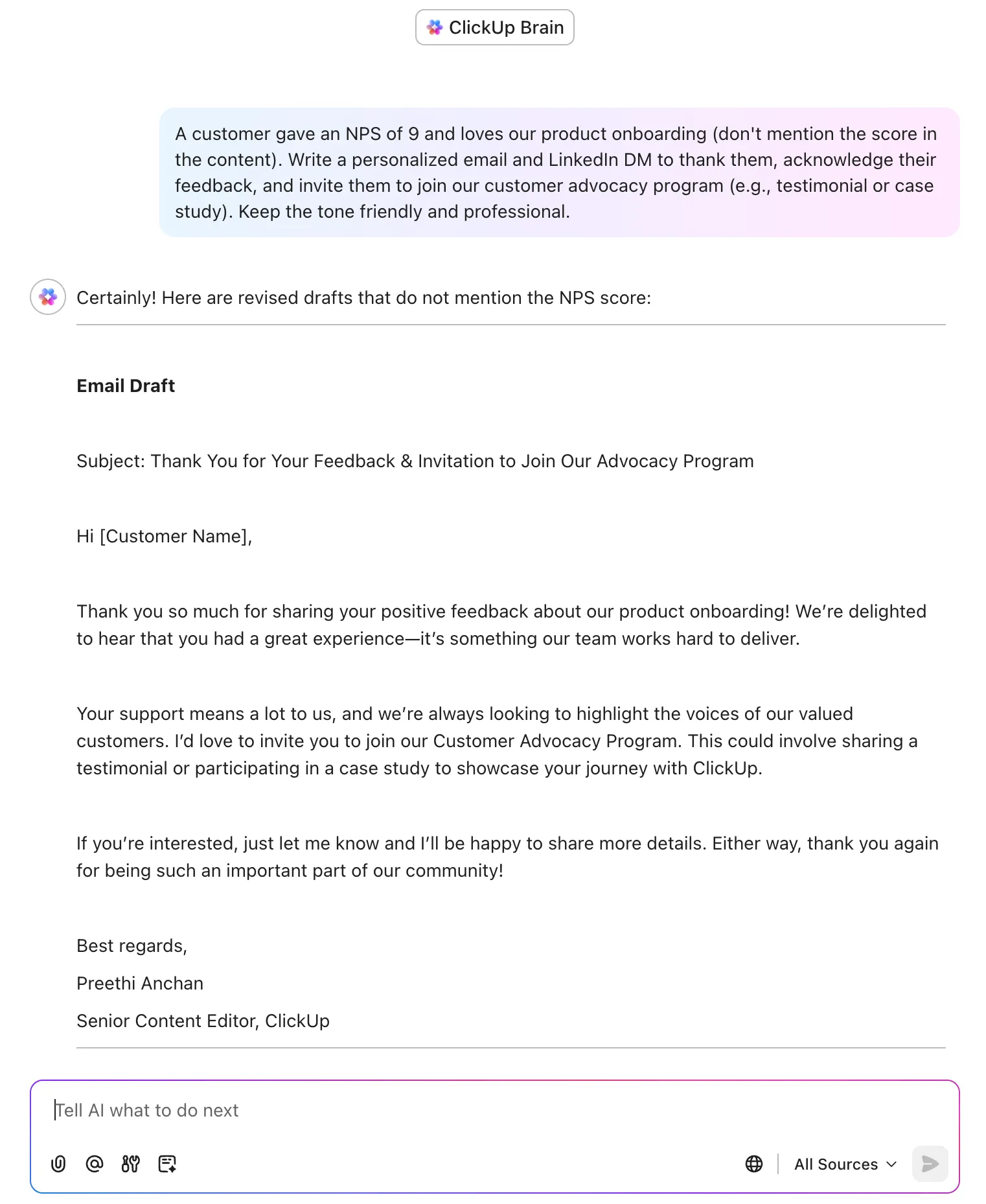 ClickUp Brain egyéni prompt e-mailhez