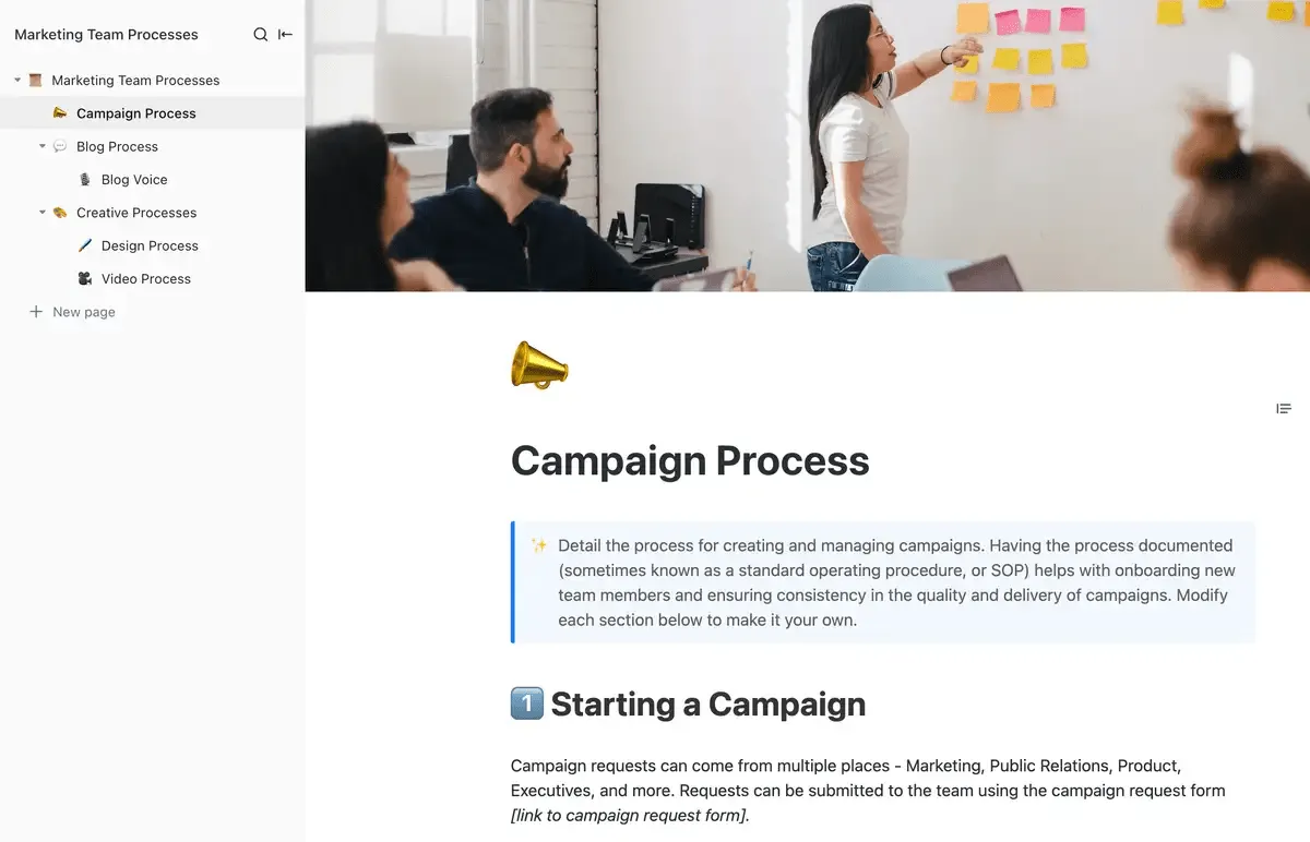 Assurez la flexibilité et l'organisation de vos équipes grâce au modèle de processus pour équipes marketing de ClickUp.