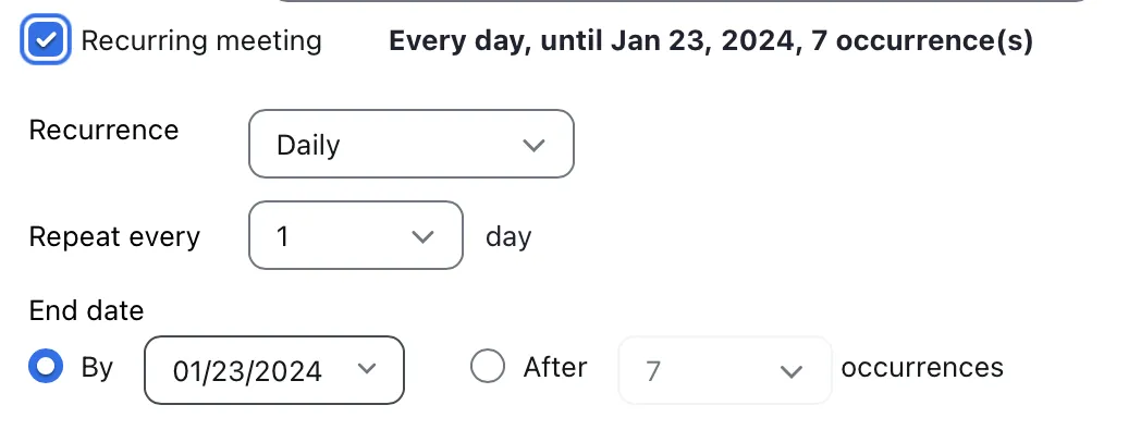 Crear una reunión periódica en Zoom.