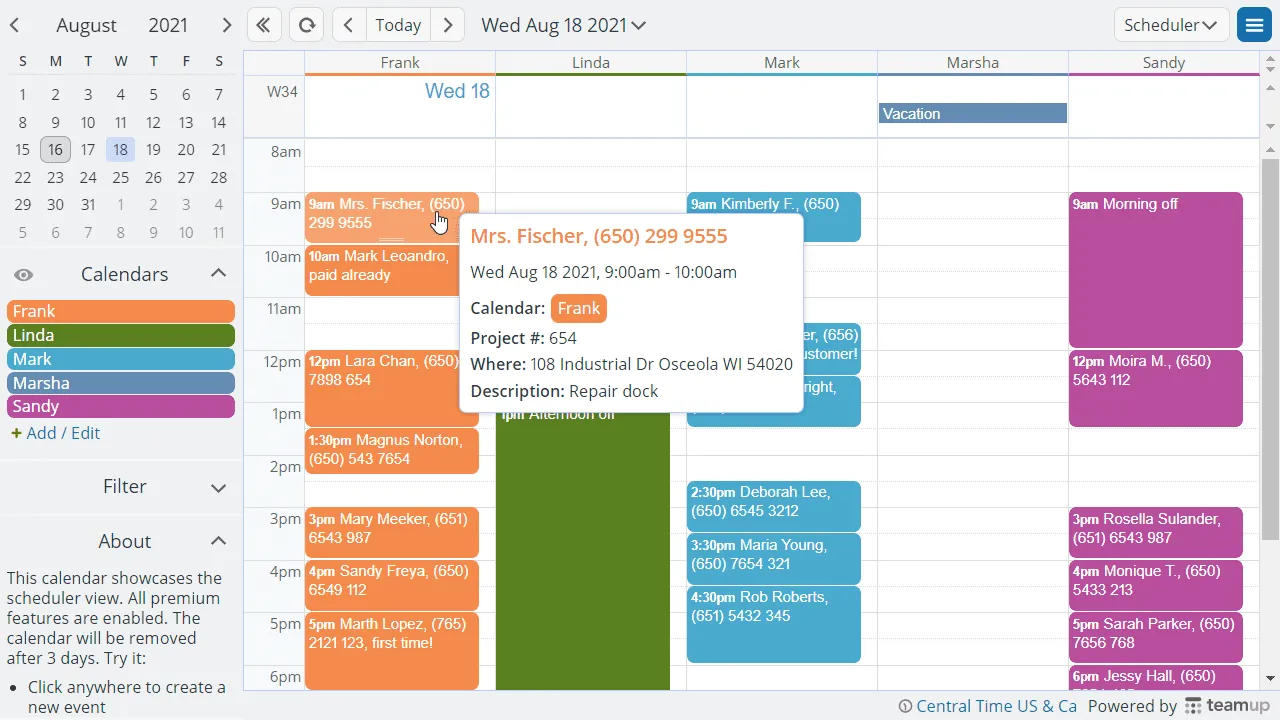 Teamup Calendar Dashboard: online kalender