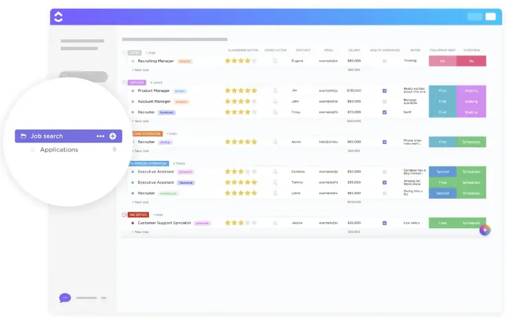Acompanhe suas candidaturas, vagas de emprego, avaliações de empresas, benefícios e seus recursos para entrevistas com o modelo de busca de emprego do ClickUp.