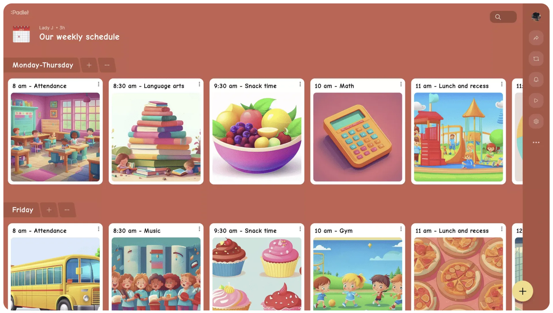 Captura de tela do Padlet com a programação semanal