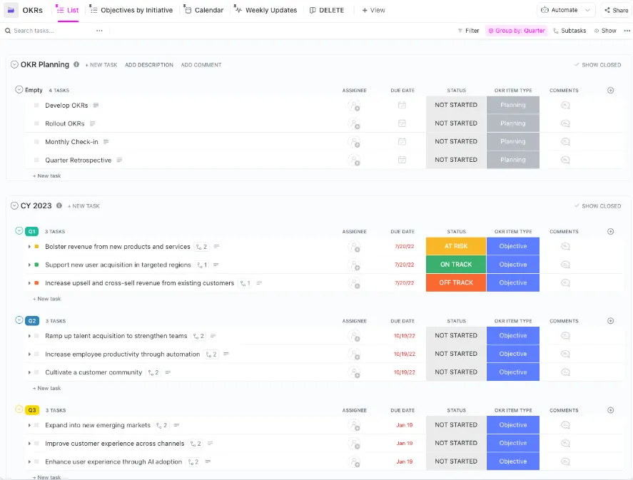Die OKR-Vorlage von ClickUp
