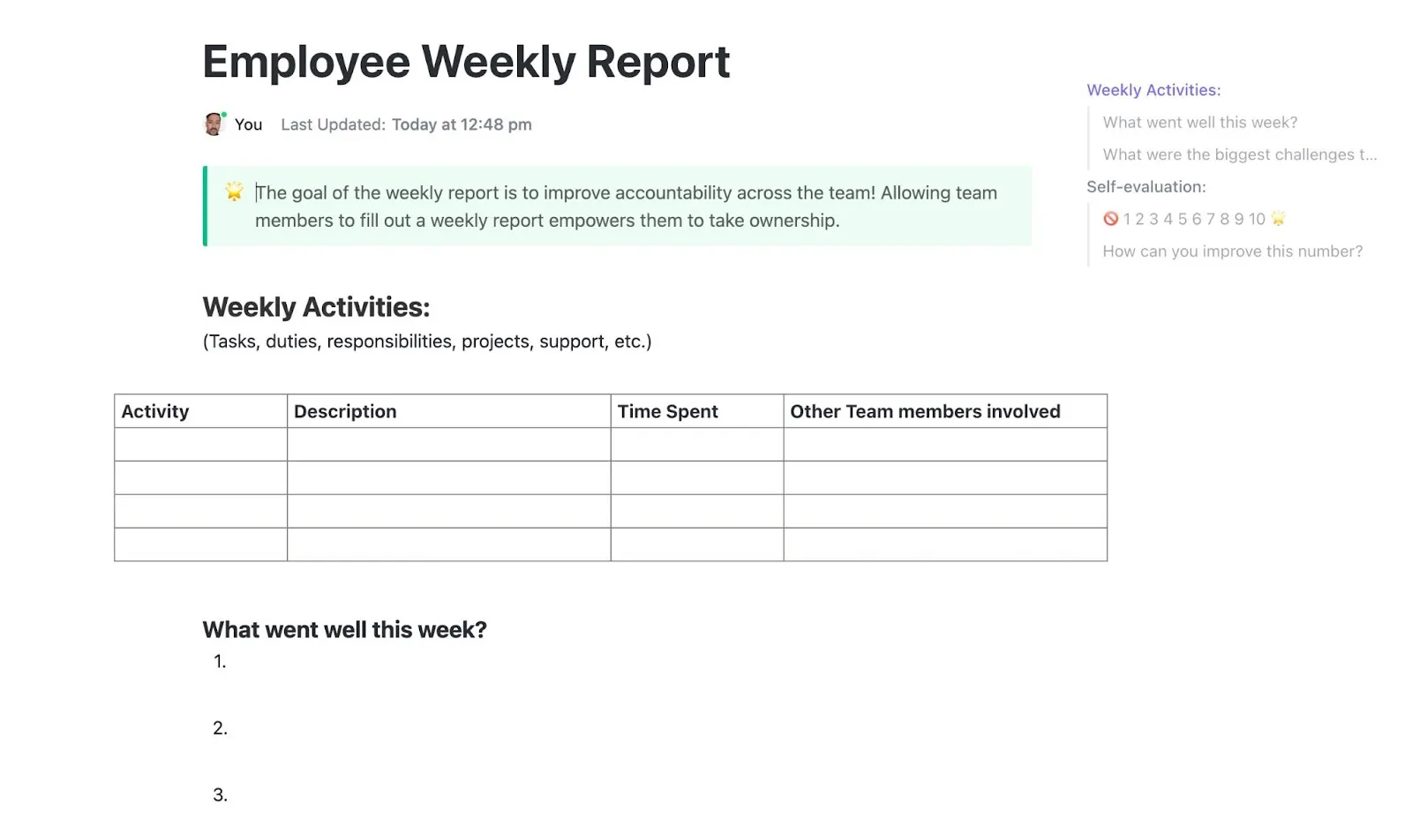 Modèle de rapport hebdomadaire des employés ClickUp