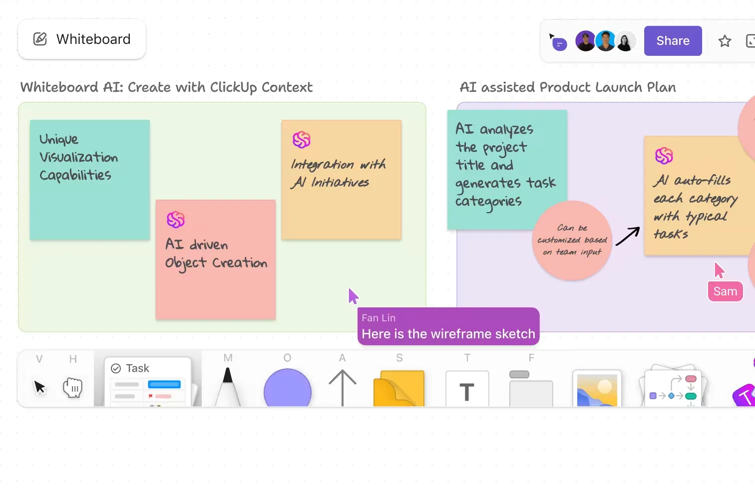 Bảng trắng ảo trong ClickUp giúp các nhóm brainstorming ý tưởng, vẽ bản đồ quy trình kinh doanh và biến ý tưởng thành hành động