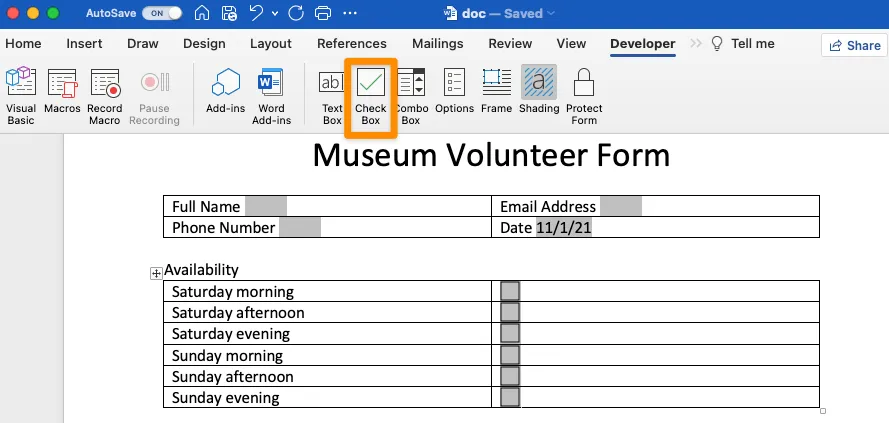 Aggiungi una casella di controllo dal campo di controllo del contenuto in Word.