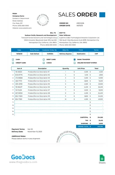 Pedido de venta: plantilla de formulario de pedido de Hojas de cálculo de Google de GooDocs