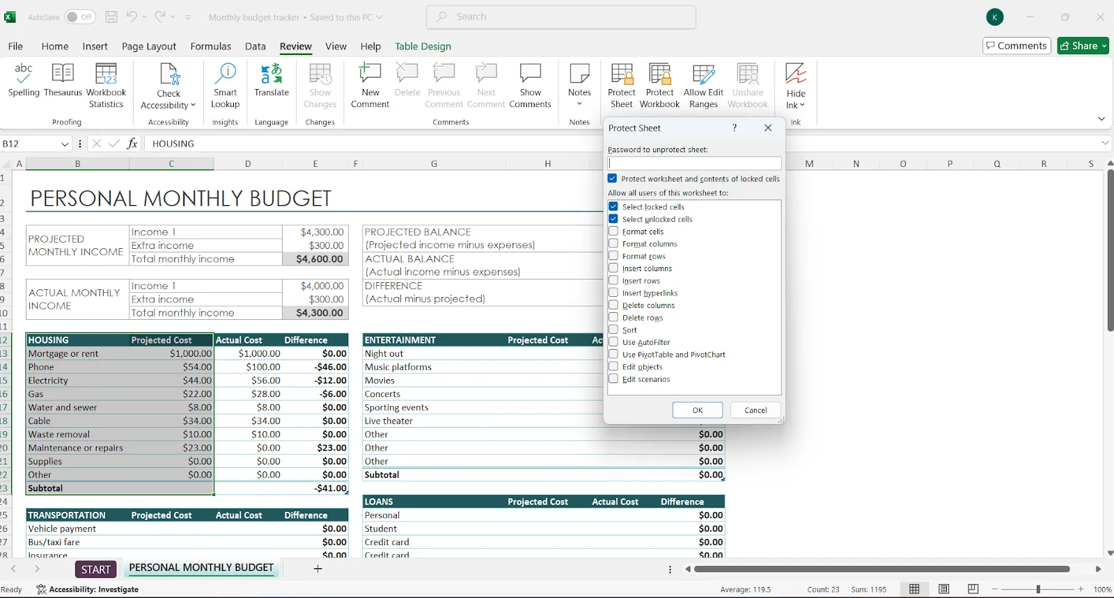 Como criar um modelo no Excel: clique em Proteger planilha para bloquear e proteger seu modelo.