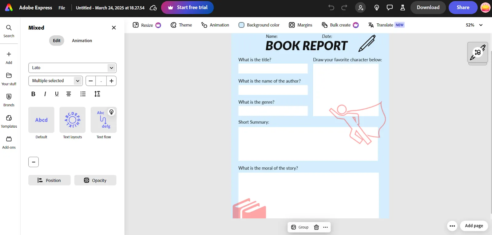 Modello di relazione su un libro di Adobe
