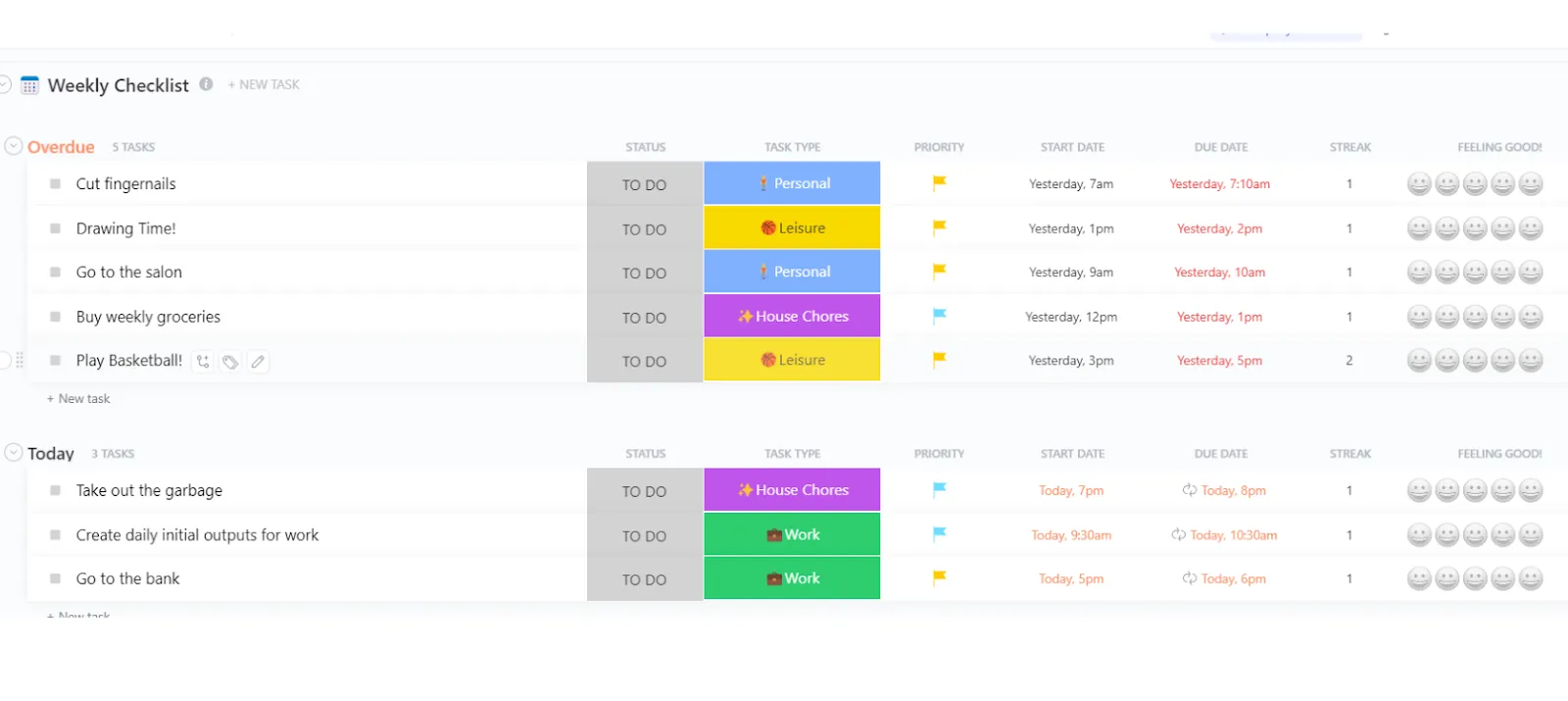 Modèle de checklist hebdomadaire ClickUp
